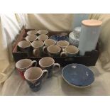 Box of assorted china mugs,