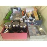 Box of caserole set, cake tins, storage jars,