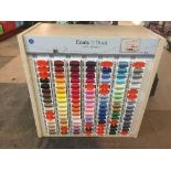 Coats duet shop thread display cabinet containing a quantity of coloured threads