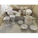 Box of flour sifters, white vases,