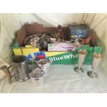Box of pewter tankards, stainless steel vases, piquet ware milk jug and sugar basin,