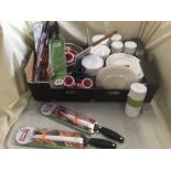 Box of Luminarc plates, colour works storage jars, kitchen devil knives,