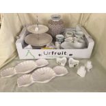 Box of cake stands, Jamie Oliver candle holders, dishes,