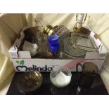 Two boxes of assorted glass ware : table lamps, decanter,