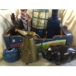 A box of Japanese vase, pottery table lamps, piggy bank,