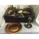 A box of brass and copper pieces, gilt metal wall lights, ship's candlestick,