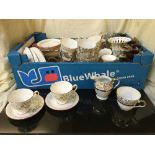 A box of Sadler teapot, bone china tea set, plated candlesticks, Windsor tea set,