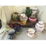 Two boxes of kitchenalia, pottery vases, Spode ginger jar,