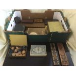 A box of dressing table mirror, oriental metal bin, vintage leather case, picture frames,