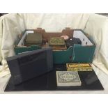 A box of Bush radio and vintage jigsaws, bridge boards, solitaire,