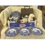 Two boxes of blue and white plates, Staffordshire dogs, typewriter, juicer,