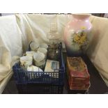 A large Royal Winton lustre vase and two boxes of tea china, planters, beer stein,