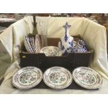 A box of Wedgwood plates, large quantity of Bridgwood indian tree pattern plates,