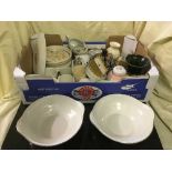 Three boxes of Ridgeway White Mist dinner ware, Wedgwood dinner ware, gilt framed oil, vases,