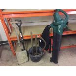 A small quantity of garden tools, builder's bucket of sledge hammers,