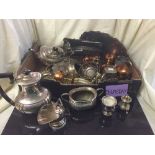 Two boxes of large quantity of plated pieces, a canteen of cutlery,