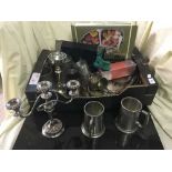 A box of large quantity of plated trays, tankards,