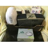 A box of Sony radio cd player, two mini de-humidifiers, Morphy Richards iron,