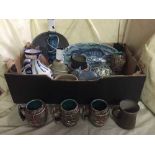 Two boxes of Danish pottery and kitchenalia including tankards, plant pots, storage jars,