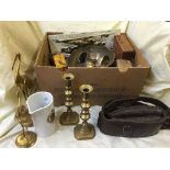 A box of leather horse tack, metal ware, brass,