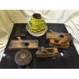 A box of four spools of cable, vintage wood working planes,