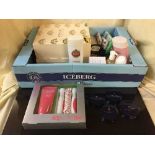 A box of assorted cosmetics and gift sets