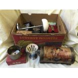 A box of Oxo tins, cooks measure, oriental box,