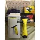 Two oscillating halogen heaters, box of window vac, hand held vac,