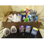 A box of large quantity of air fresheners and kitchen cleaning products