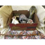 A bone handled walking stick and a box of oriental style plates, gilt tray, fishing reel,