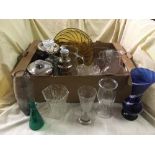 Two boxes of assorted pressed glass, decanters, ice buckets,