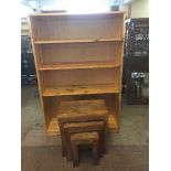 Pine open shelves and a nest of three hardwood tables