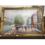 A gilt framed oil on canvas - Parisian street scene signed Burnett and one other