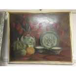 B A Muller : Still life with Delft ware, oil on board, signed, framed.
