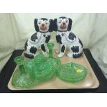 A tray of green glass trinket set and a pair of Staffordshire style dogs