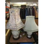 Two floral china table lamps with shades