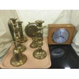 A tray of mahogany mantel clock, candlesticks, gong and beater,