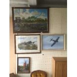 A mahogany framed Kenneth Morgan oil on canvas - army manoeuvres, framed oil on board of a Corsair,