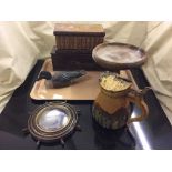 A tray of wooden trinket boxes, small ship's wheel mirror,