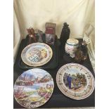 A tray of Ringtons plates, wade sherry barrel, wade decanters, White & McKay miniatures,