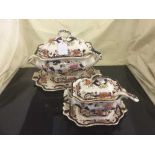 Two Masons Mandolay lidded soup tureens with spoons on stands