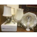 Five assorted table lamps with shades and a steam cleaner