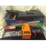 A box of assorted hand tools, spirit level,