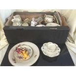 A box of KPM dinner ware, tea china, Disney ornaments,