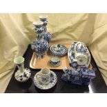 A tray of blue and white hand painted delft china - vases, stein, lidded bowls,