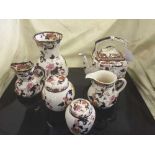 A tray of six pieces of Masons Mandolay china - teapot, ginger jars,