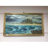 Fred Bowbeen : Bamburgh Castle, oil on panel, framed.