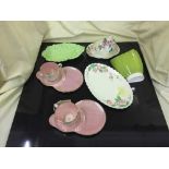 Tray of two Maling cups and saucers, Maling butter dish and plate,