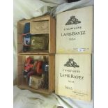 Seven wooden champagne crates of hand tools, electric drill, radio valves,