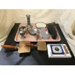 A tray of miniature violin and bow in case, Danish pewter candlesticks, ash trays, table lighters,